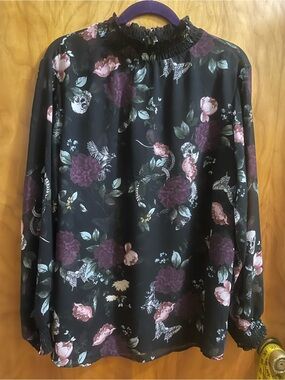 Torrid 2X Black Sheer Floral Mock-Neck Blouse with Gothic Skulls Crows Snakes